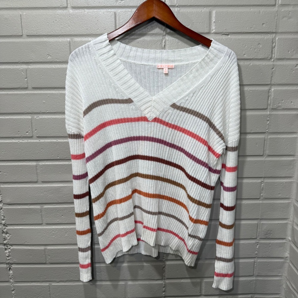 Lisa Todd Fine Line Striped Sweater Cotton Linen Ribbed Knit White S Faint Stain